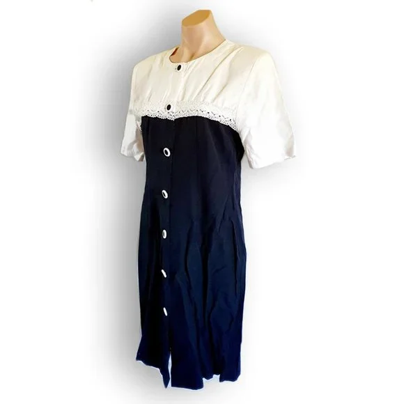 Vintage 80s White + black button up shirt dress with shoulder pads fit AU 10-14 - Picture 6 of 7